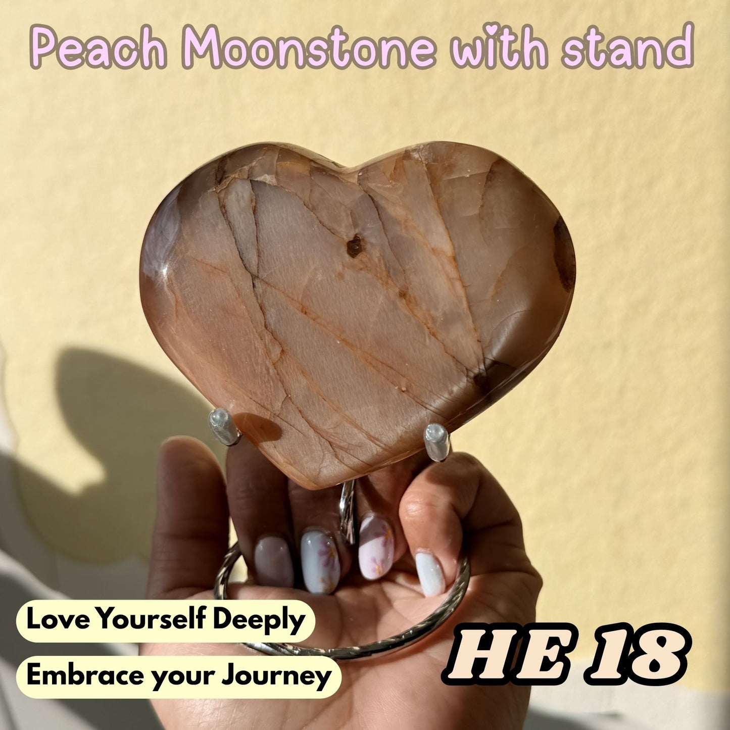 Peach Moonstone Heart with Stand | He18