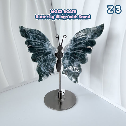 Moss Agate Butterfly Wings with Stand | Z3