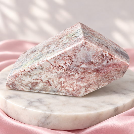 A polished, geometric pinkish sea jasper or crystal displayed on a round white marble slab with pink satin fabric underneath, set against a softly lit neutral background with leaf shadows.