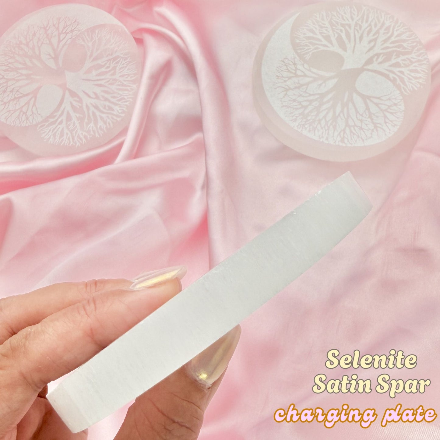 Selenite Round Charging Plate - 4 inches tree of life, yin yang