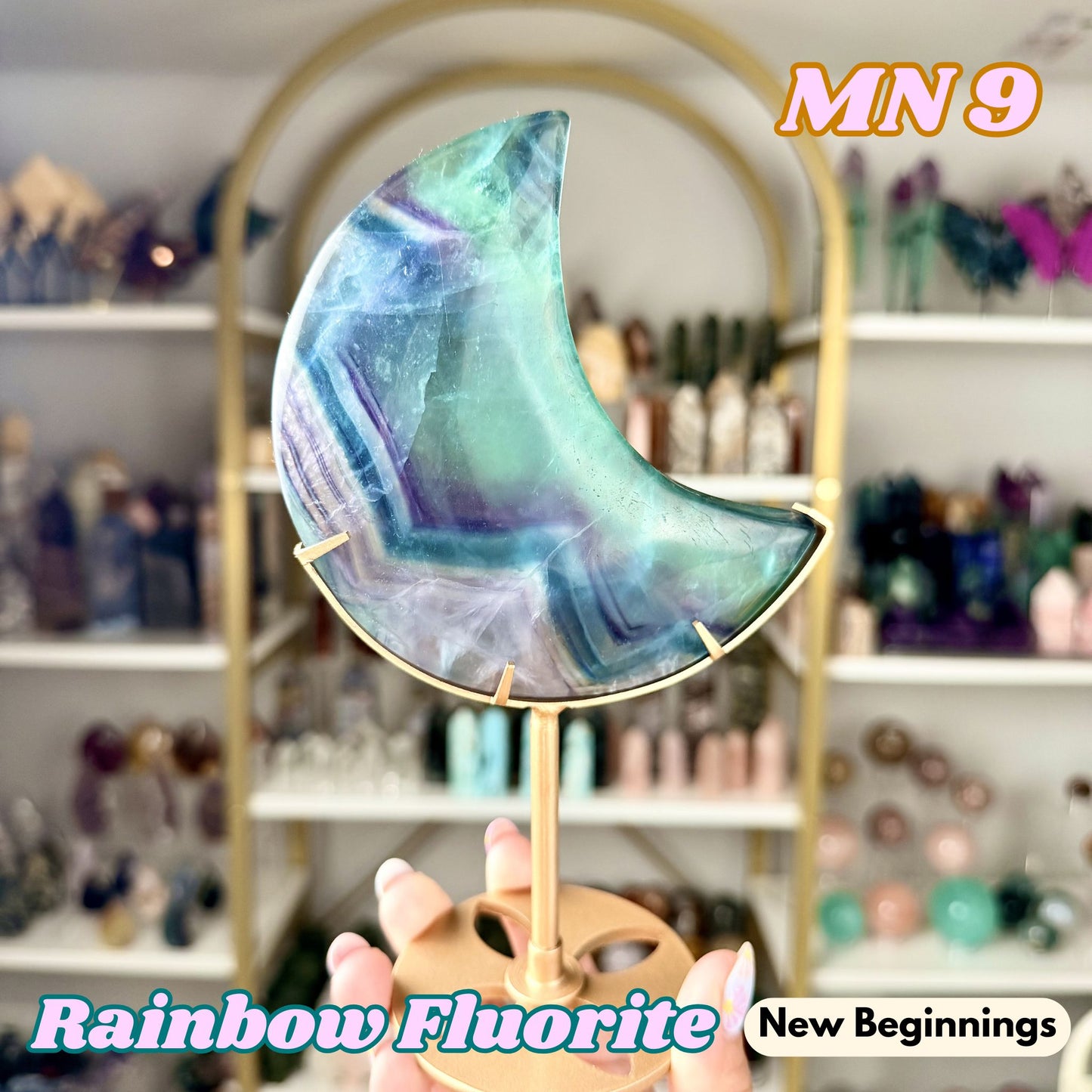 Rainbow Fluorite Moon on Stand | MN9