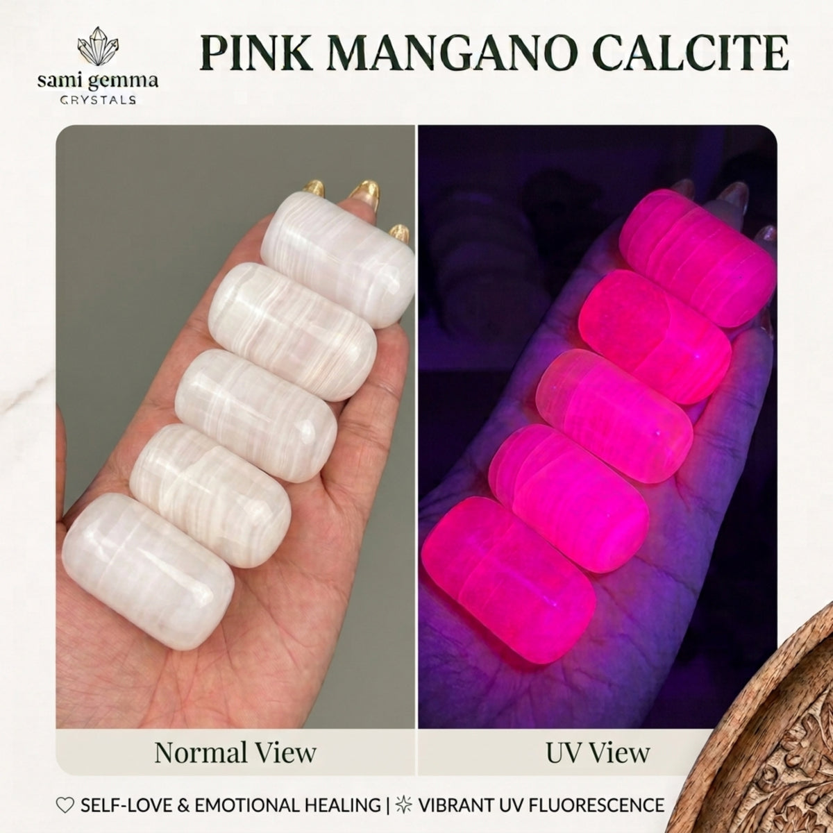 Pink Mangano Calcite Capsule UV-reactive | XL Tumbles | Intuitively Chosen