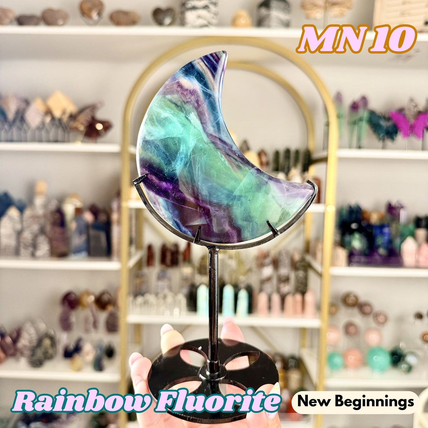 Rainbow Fluorite Moon on Stand | MN10
