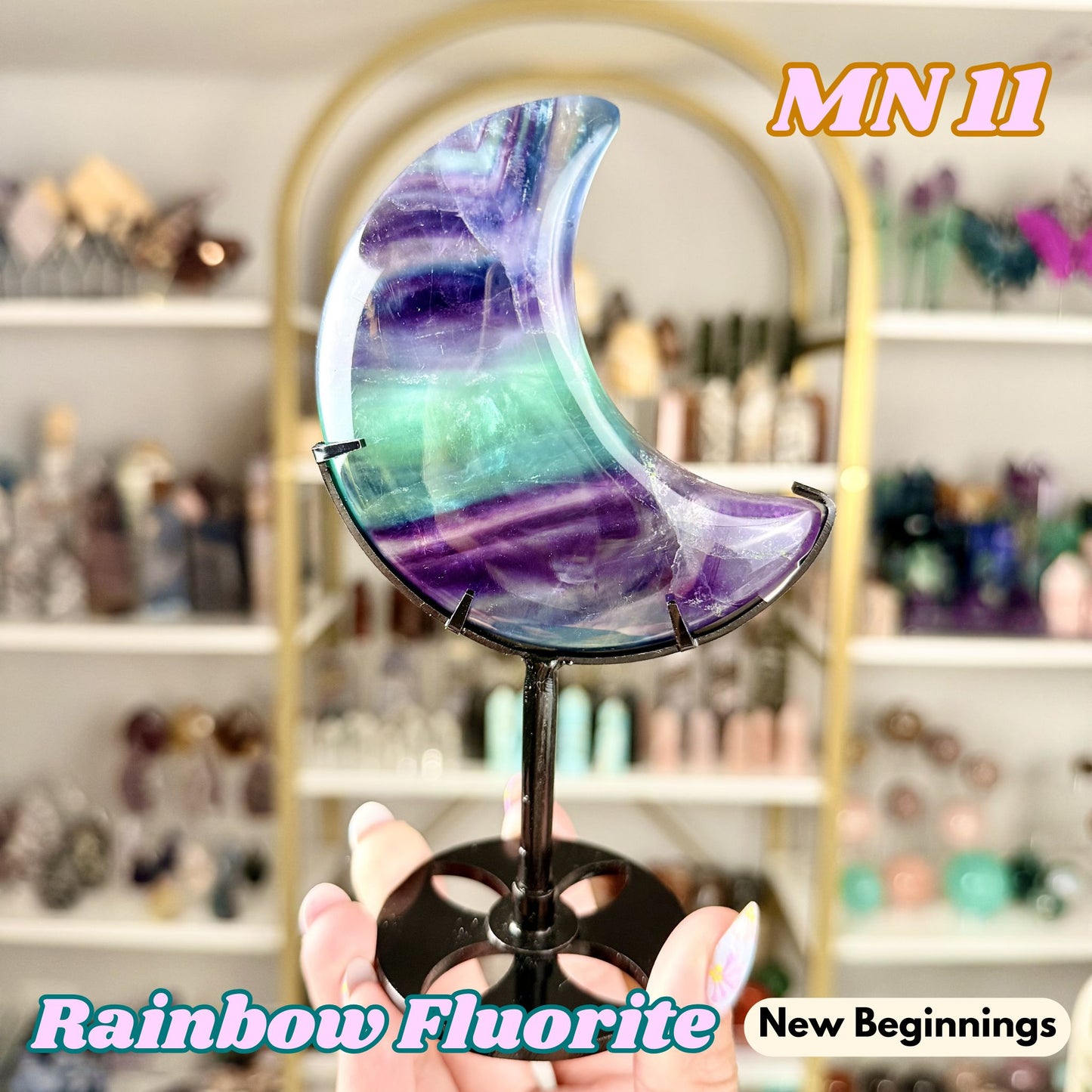 Rainbow Fluorite Moon on Stand | MN11