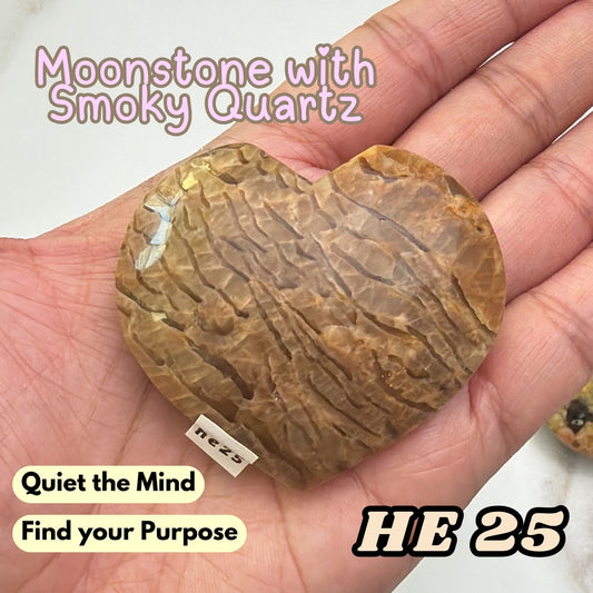 Moonstone Overgrown Smoky Quartz Heart Crystal Carving | He25