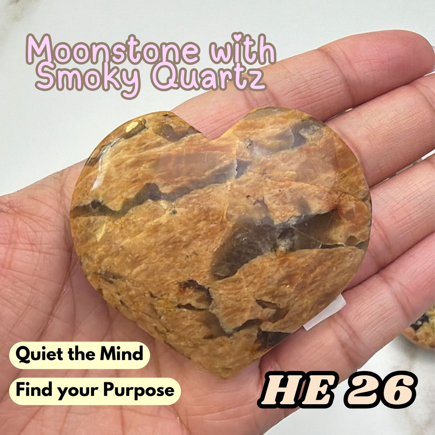Moonstone Overgrown Smoky Quartz Heart Crystal Carving | He26