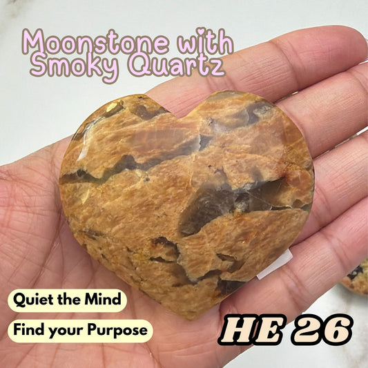 Moonstone Overgrown Smoky Quartz Heart Crystal Carving | He26