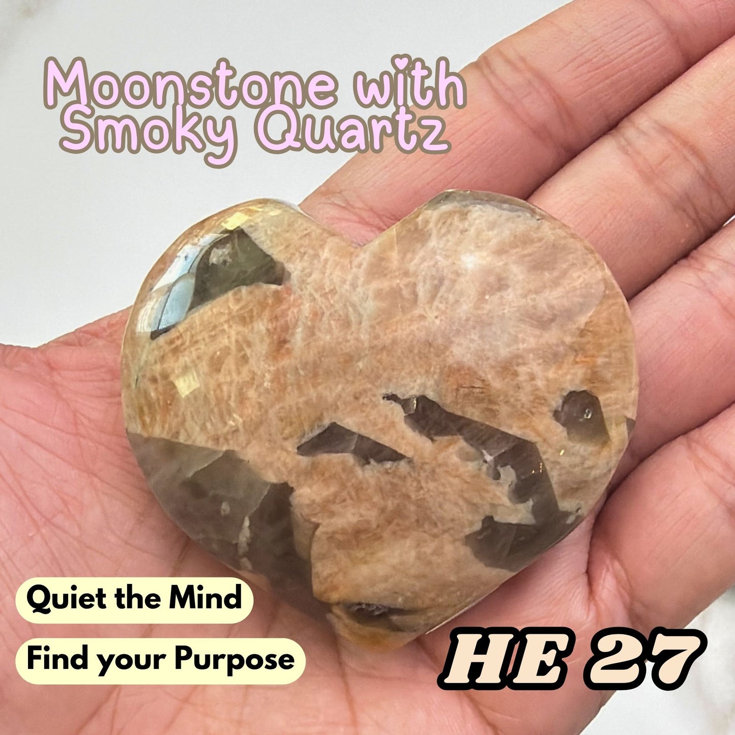 Moonstone Overgrown Smoky Quartz Heart Crystal Carving | He27