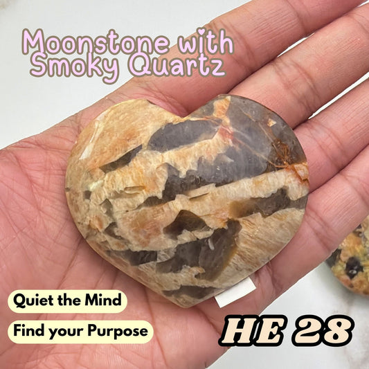 Moonstone Overgrown Smoky Quartz Heart Crystal Carving | He28