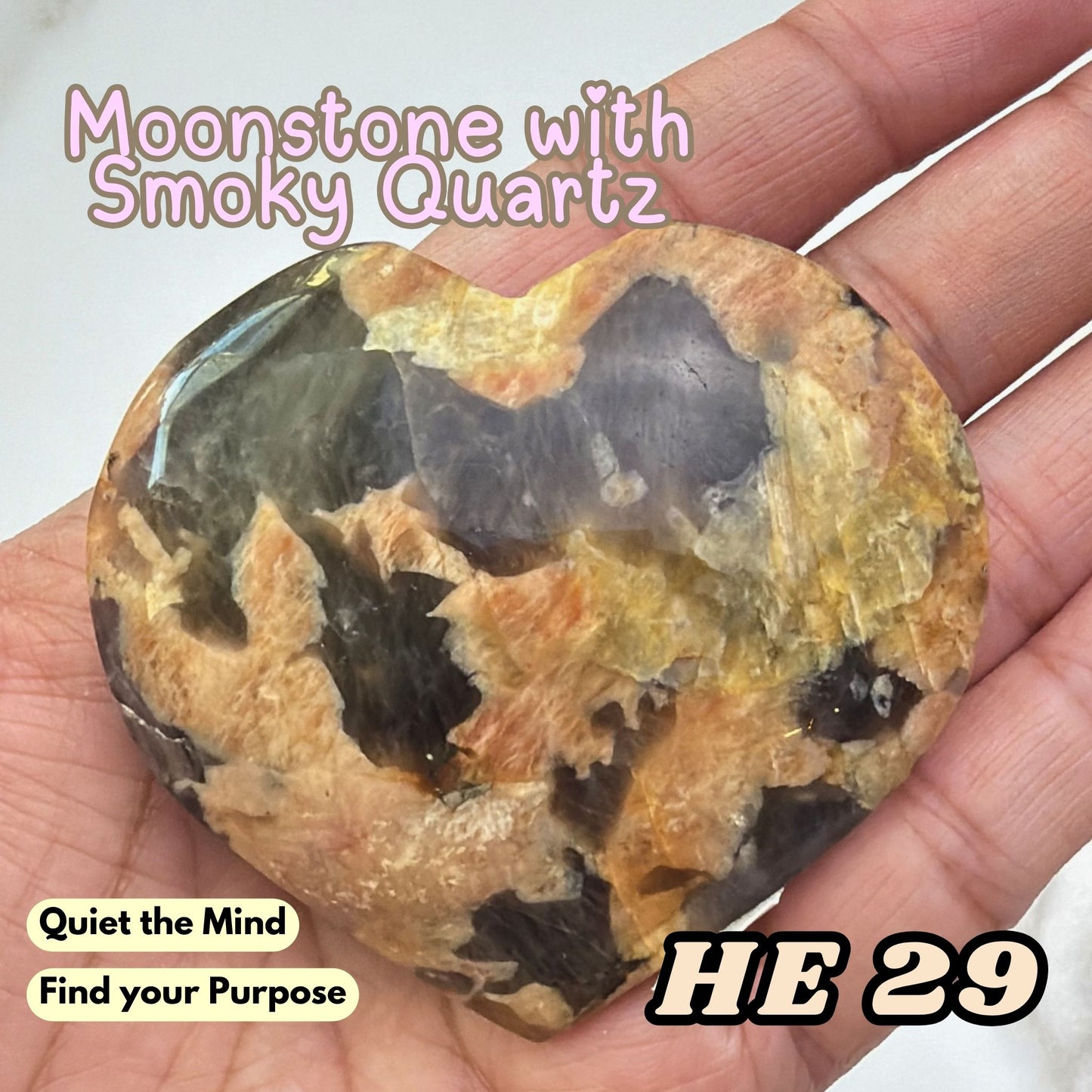 Moonstone Overgrown Smoky Quartz Heart Crystal Carving | He29