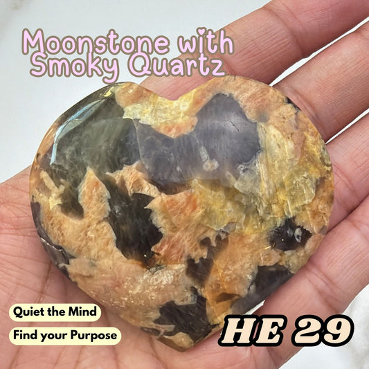 Moonstone Overgrown Smoky Quartz Heart Crystal Carving | He29