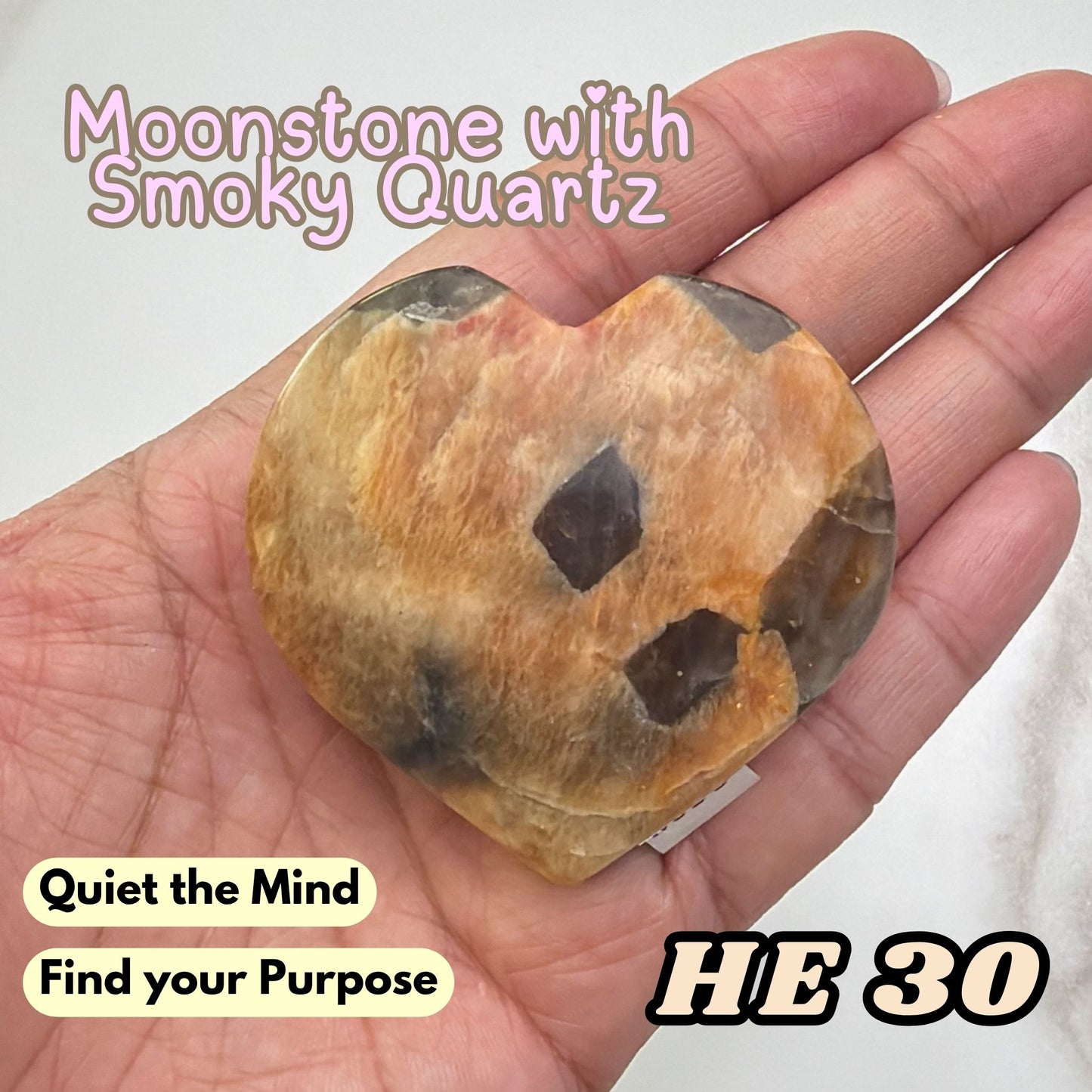 Moonstone Overgrown Smoky Quartz Heart Crystal Carving | He30