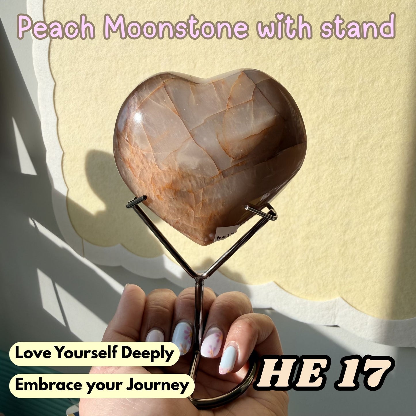Peach Moonstone Heart with Stand | He17