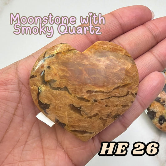 Moonstone Overgrown Smoky Quartz Heart Crystal Carving | He26