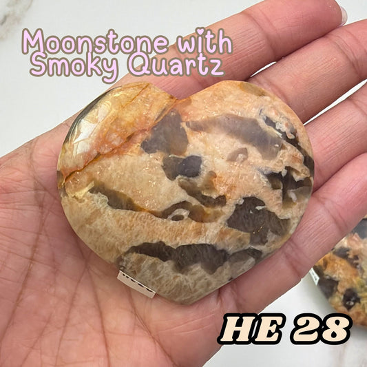 Moonstone Overgrown Smoky Quartz Heart Crystal Carving | He28