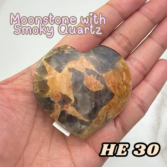 Moonstone Overgrown Smoky Quartz Heart Crystal Carving | He30