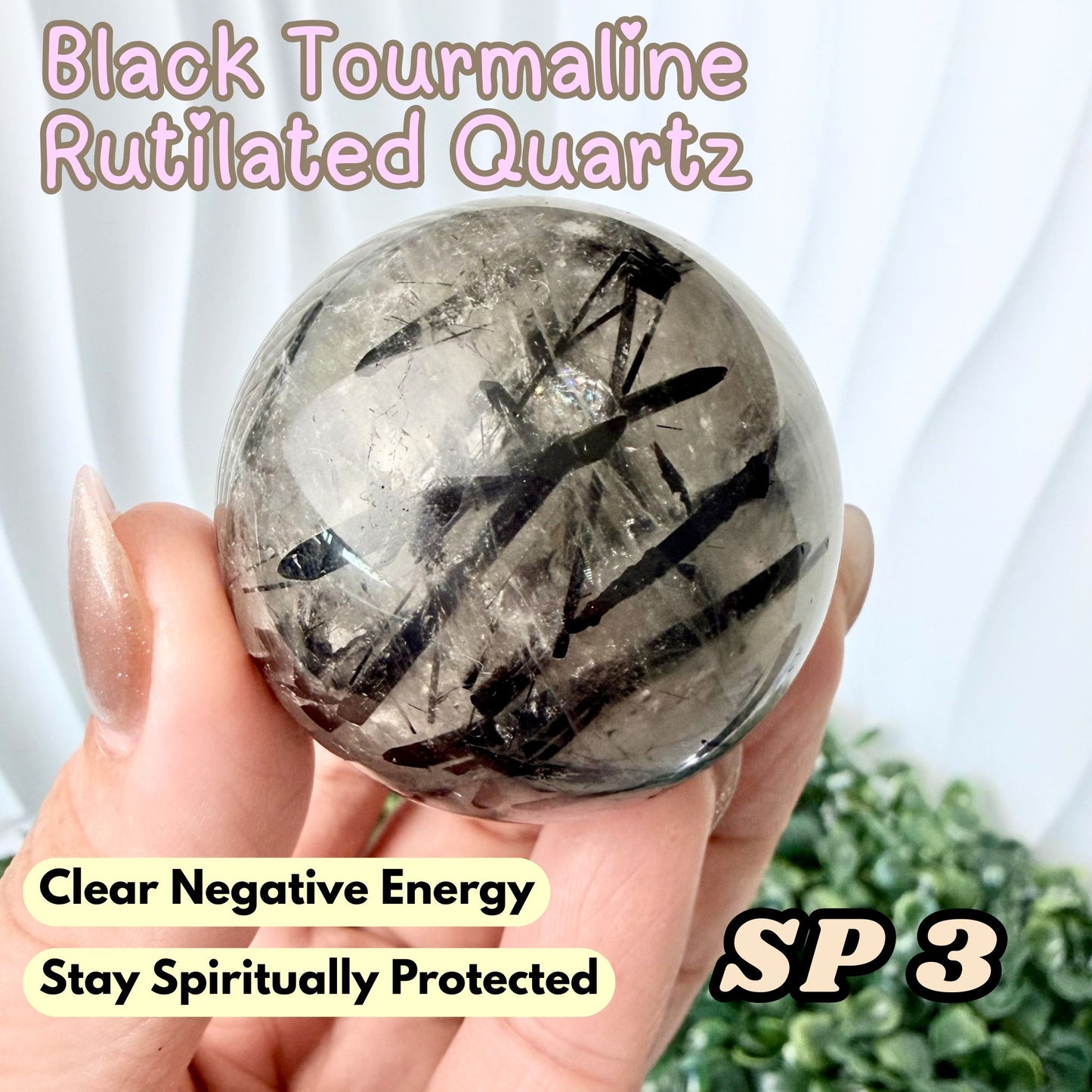 Black Tourmaline Rutilated Quartz Sphere | SP3