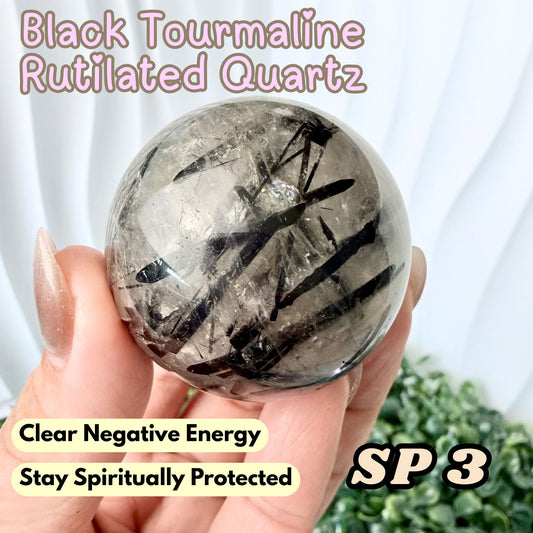 Black Tourmaline Rutilated Quartz Sphere | SP3