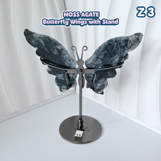 Moss Agate Butterfly Wings with Stand | Z3