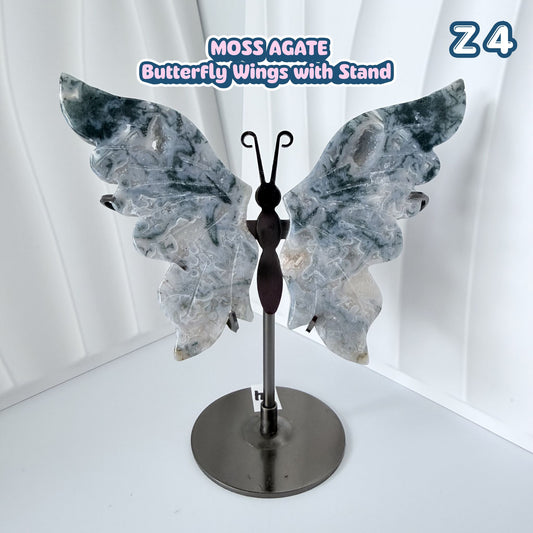 Moss Agate Butterfly Wings with Stand | Z4