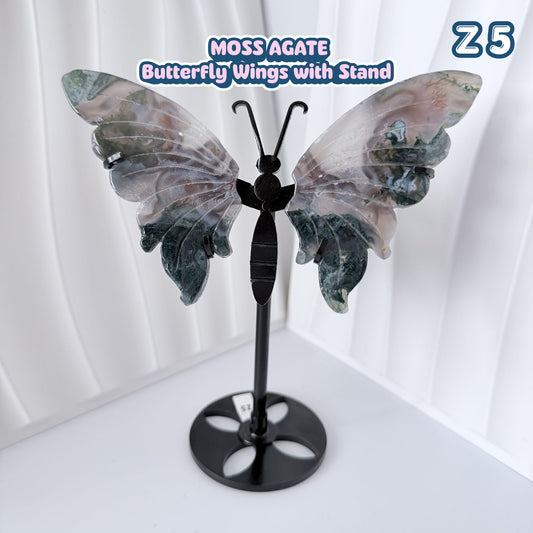 Moss Agate Butterfly Wings with Stand | Z5