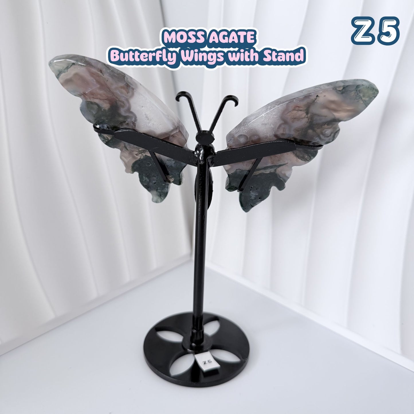 Moss Agate Butterfly Wings with Stand | Z5