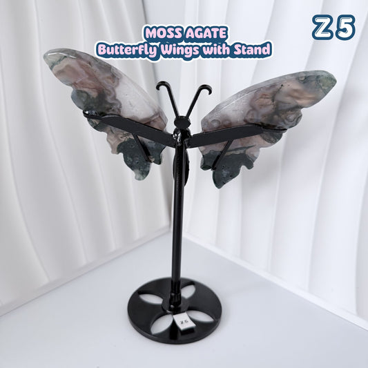 Moss Agate Butterfly Wings with Stand | Z5