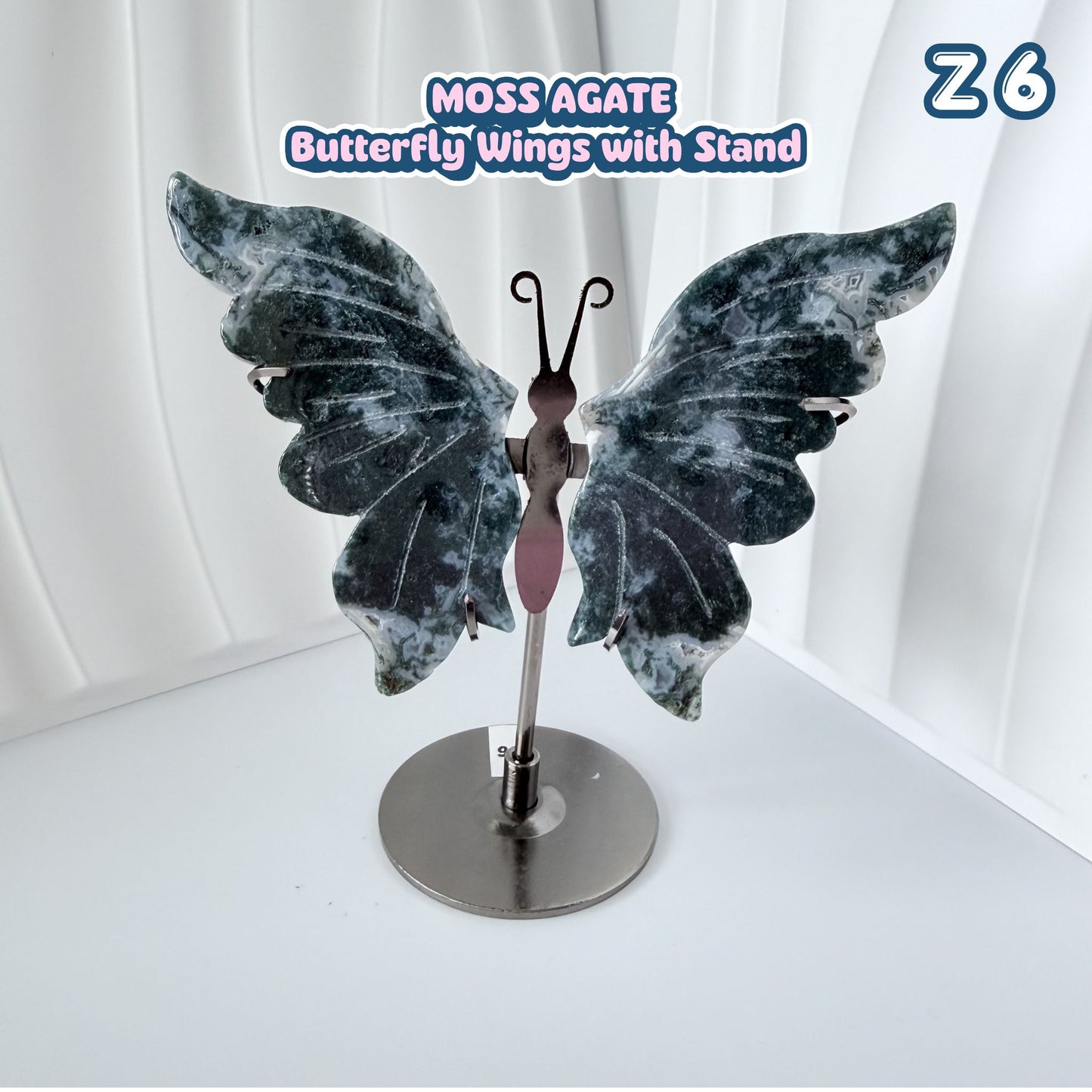 Moss Agate Butterfly Wings with Stand | Z6