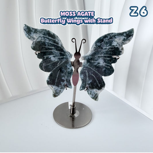 Moss Agate Butterfly Wings with Stand | Z6