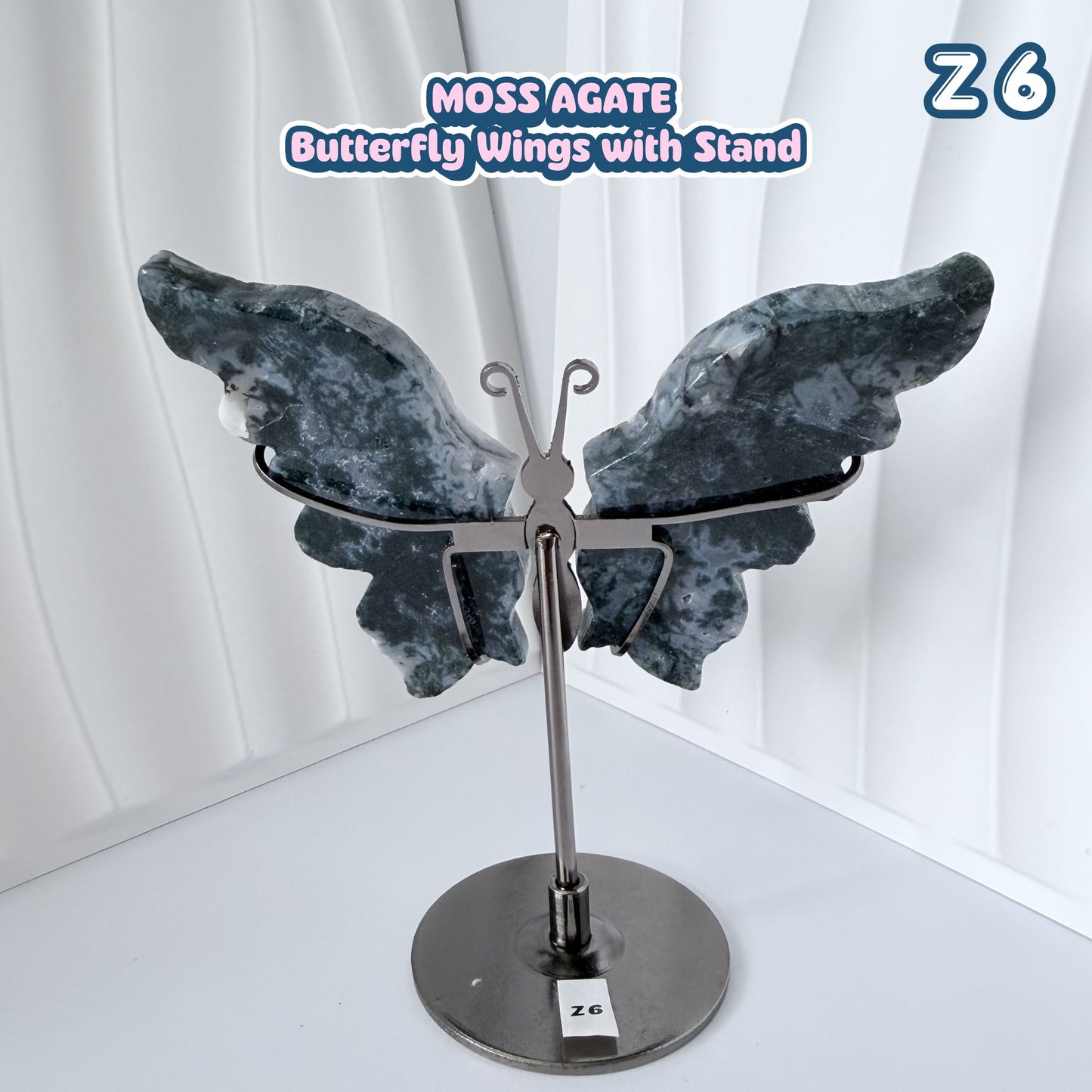 Moss Agate Butterfly Wings with Stand | Z6