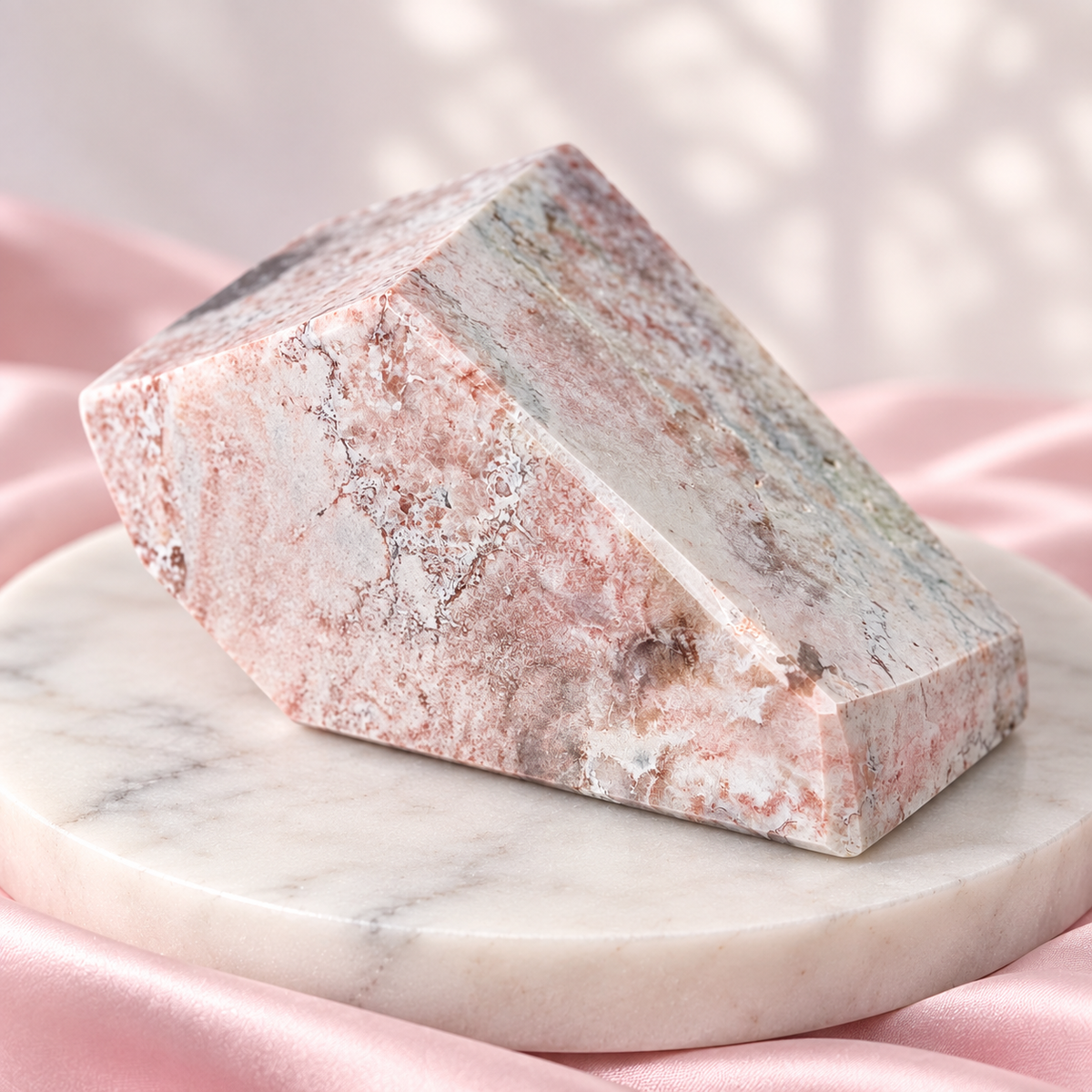 A pink and white sea jasper geometric block displayed on a round white marble tray over soft pink satin fabric.