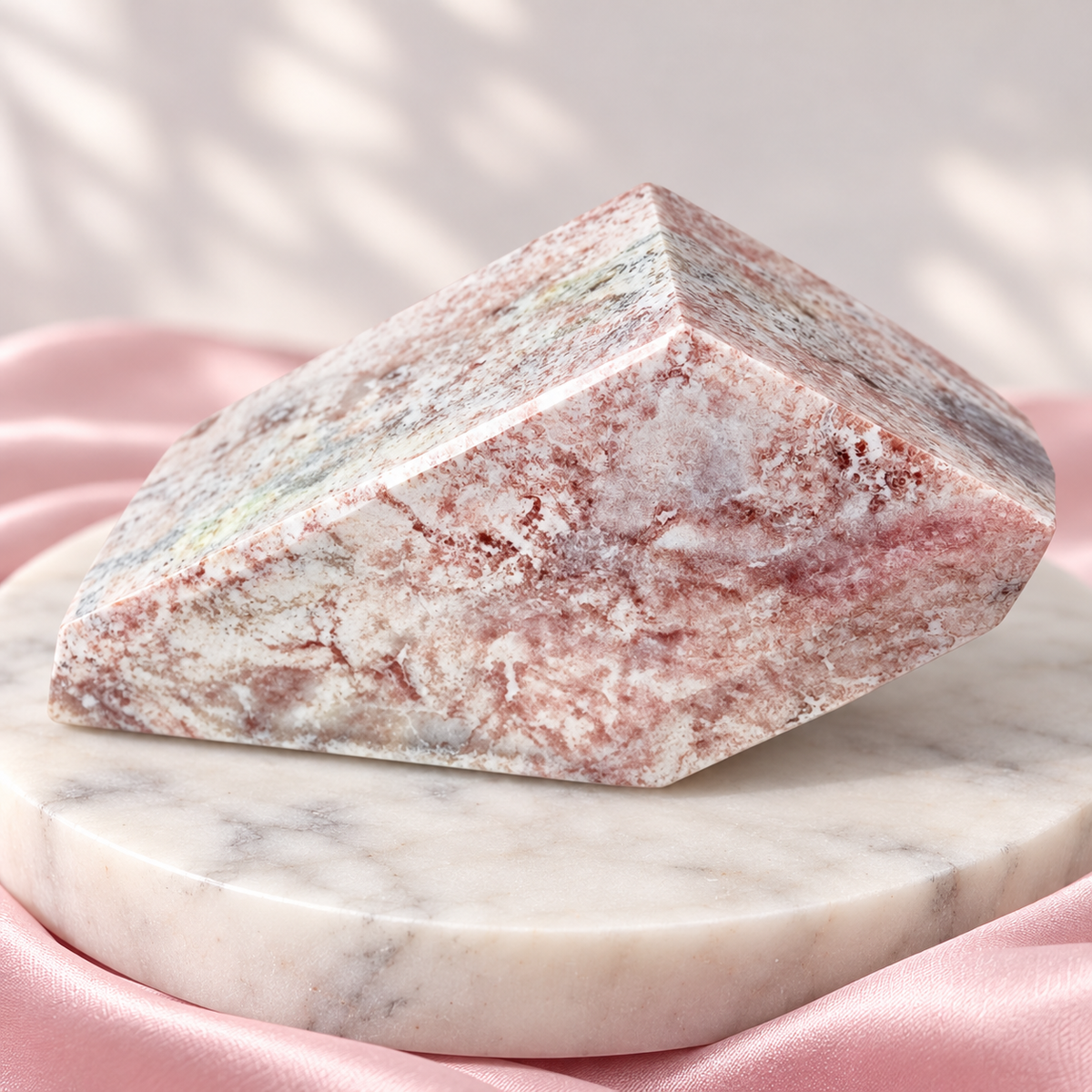 A polished, geometric pinkish sea jasper or crystal displayed on a round white marble slab with pink satin fabric underneath, set against a softly lit neutral background with leaf shadows.