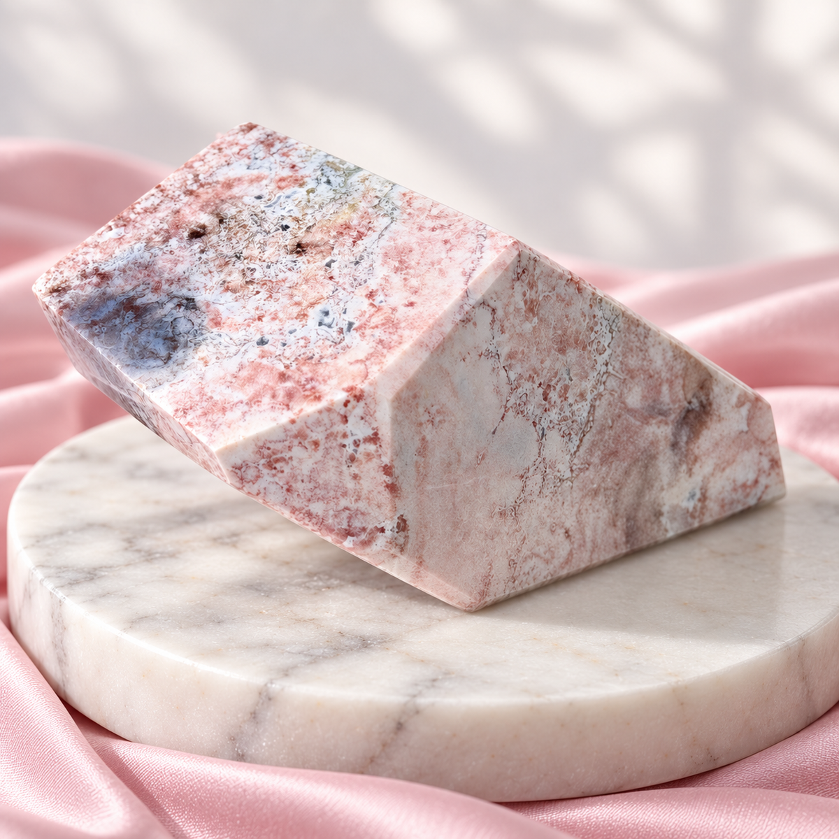 A pink and white sea jasper crystal stone block displayed on a round white marble coaster over soft pink satin fabric.