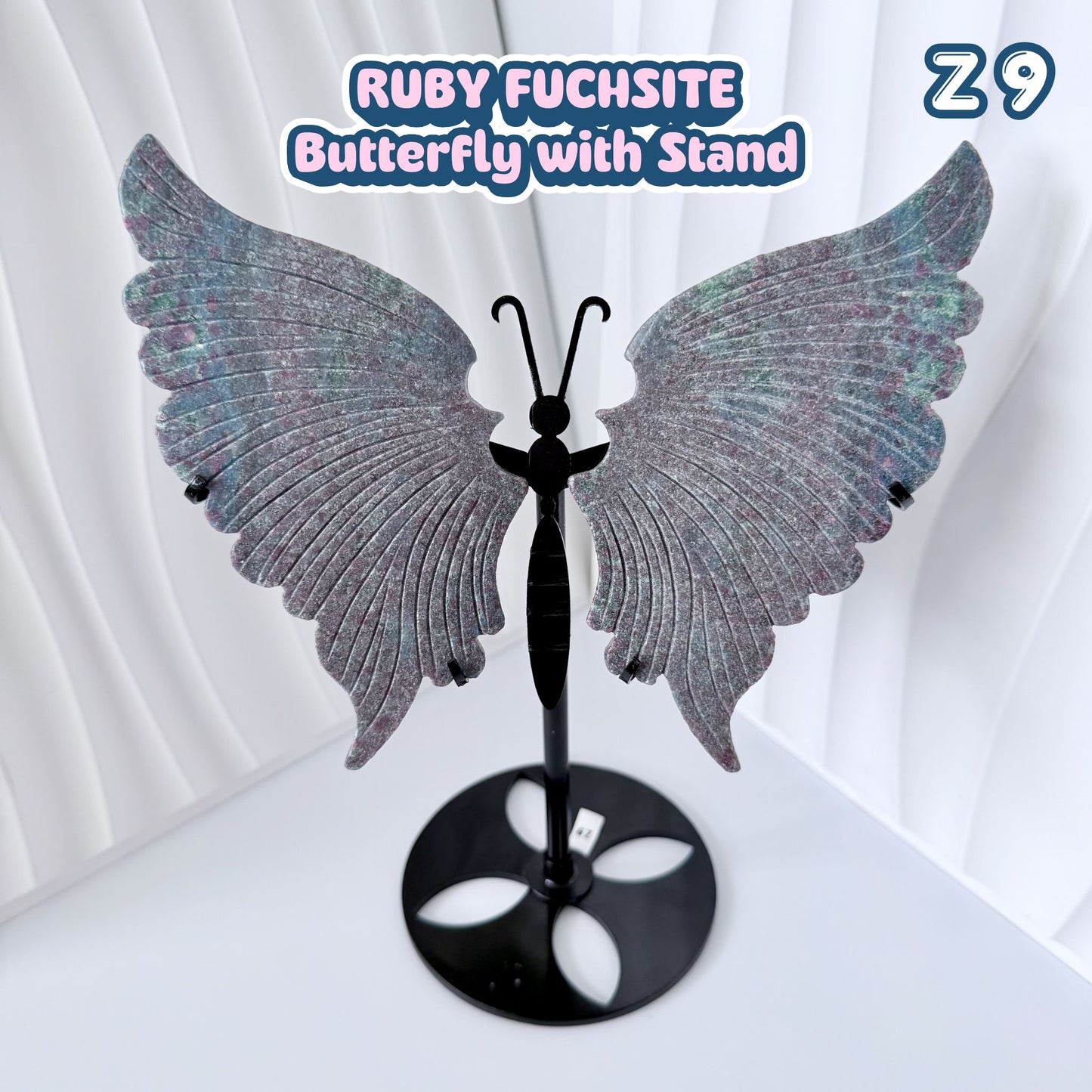 Ruby Fuchsite Butterfly Wings with Stand - UV reactive | Z9