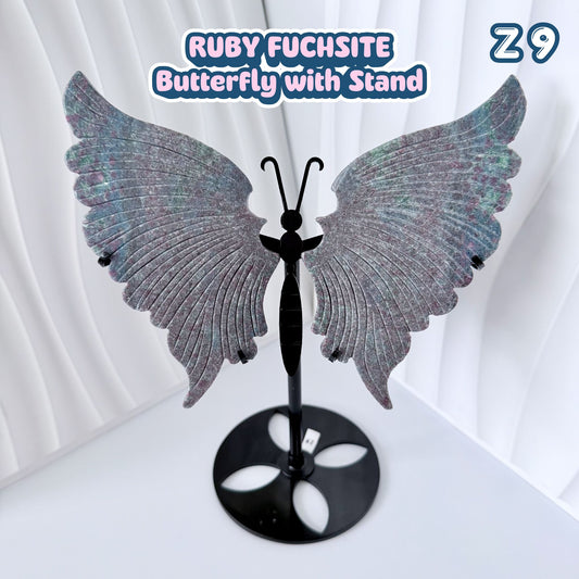 Ruby Fuchsite Butterfly Wings with Stand - UV reactive | Z9