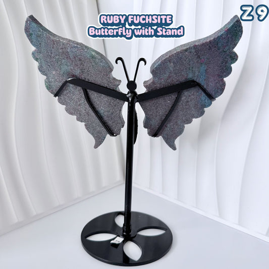 Ruby Fuchsite Butterfly Wings with Stand - UV reactive | Z9