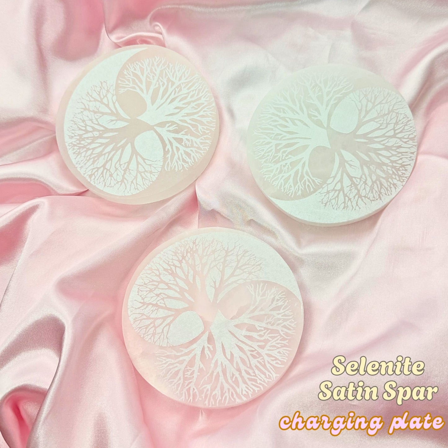 Selenite Round Charging Plate - 4 inches tree of life, yin yang