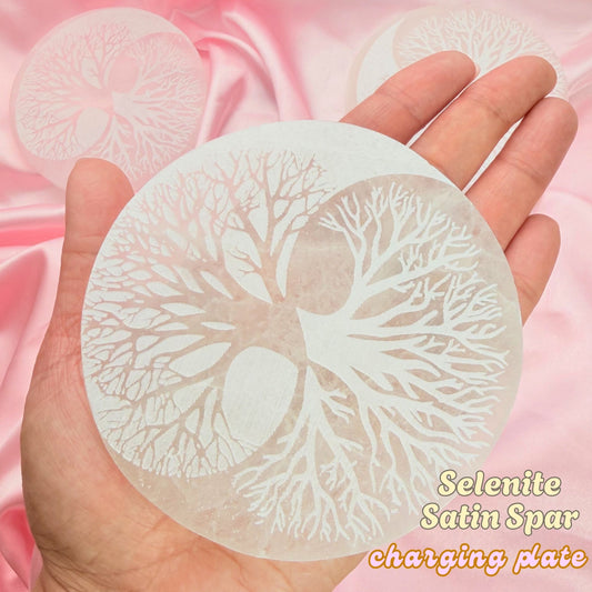 Selenite Round Charging Plate - 4 inches tree of life, yin yang