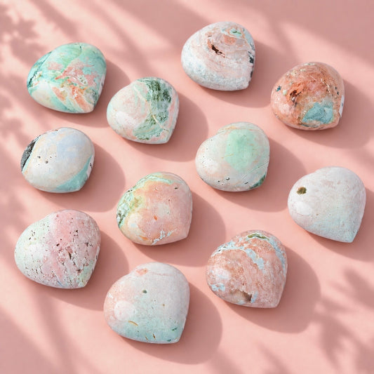 Nine polished stone palm stone with marbled pastel patterns in mint green, peach, pink, and white, arranged on a soft pink background with dappled shadows.
