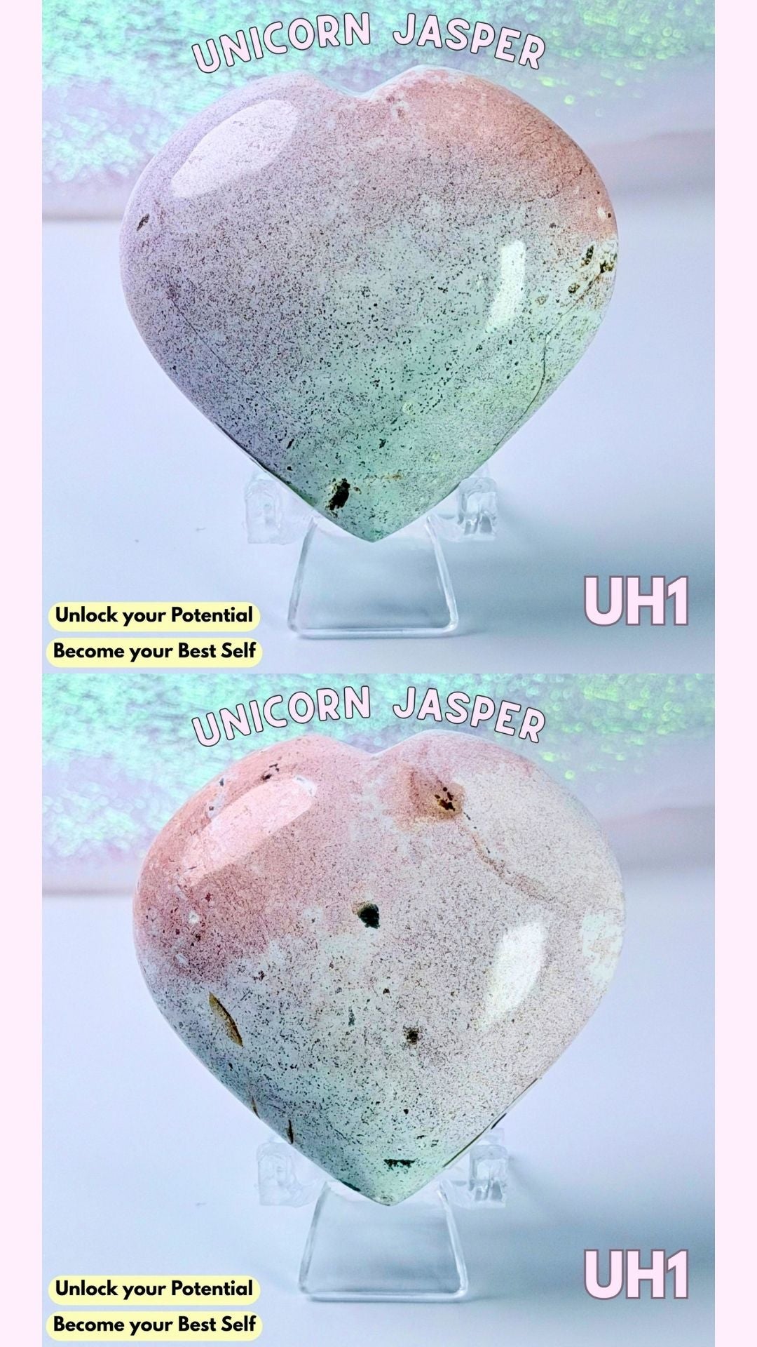 Two heart-shaped polished crystal stones labeled 'UNICORN JASPER' on clear stands, shown against a soft pastel background with text reading 'Unlock your Potential Become your Best Self' and 'UH1'.