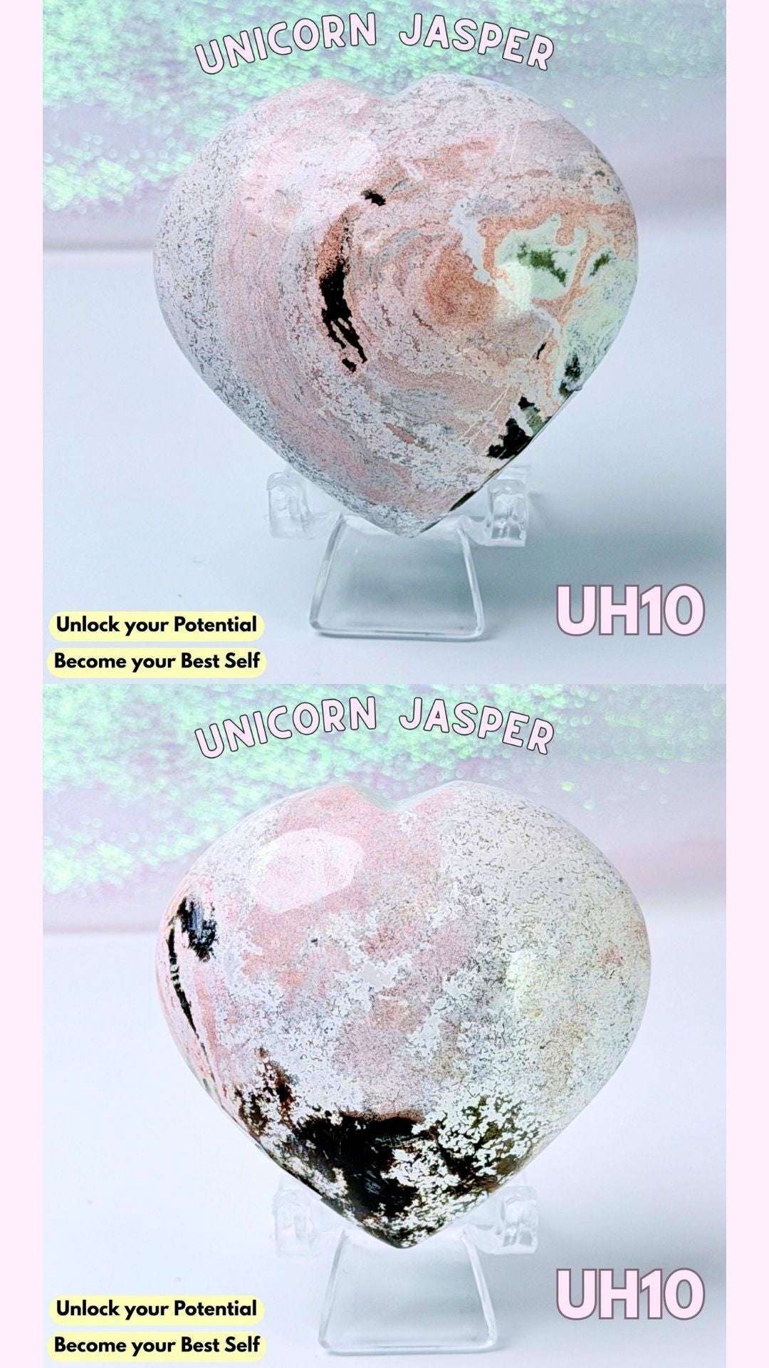 Two heart-shaped unicorn jasper crystals on clear display stands, shown from different angles against a pale pink and white background with text overlays reading 'UNICORN JASPER' and 'UH10'.