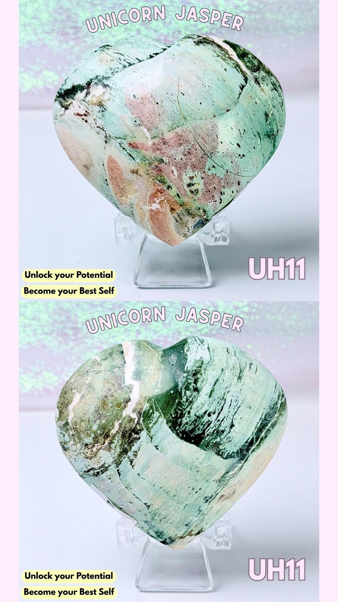 Two heart-shaped Unicorn Jasper crystal formations displayed on clear acrylic stands against a pale pink background, with text reading 'UNICORN JASPER' and 'UH11'.