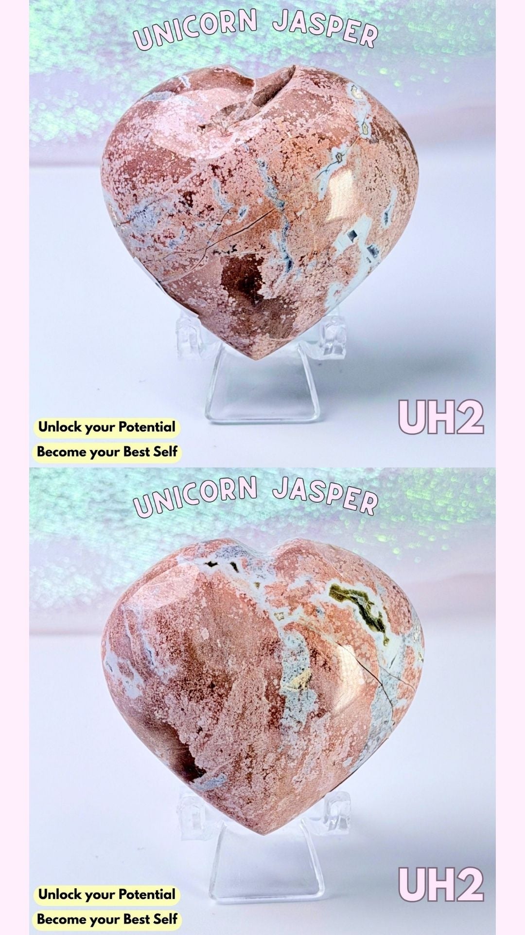 Two heart-shaped Unicorn Jasper crystals displayed on clear acrylic stands against a soft pastel background, with text overlays reading 'UNICORN JASPER', 'Unlock your Potential Become your Best Self', and 'UH2'.