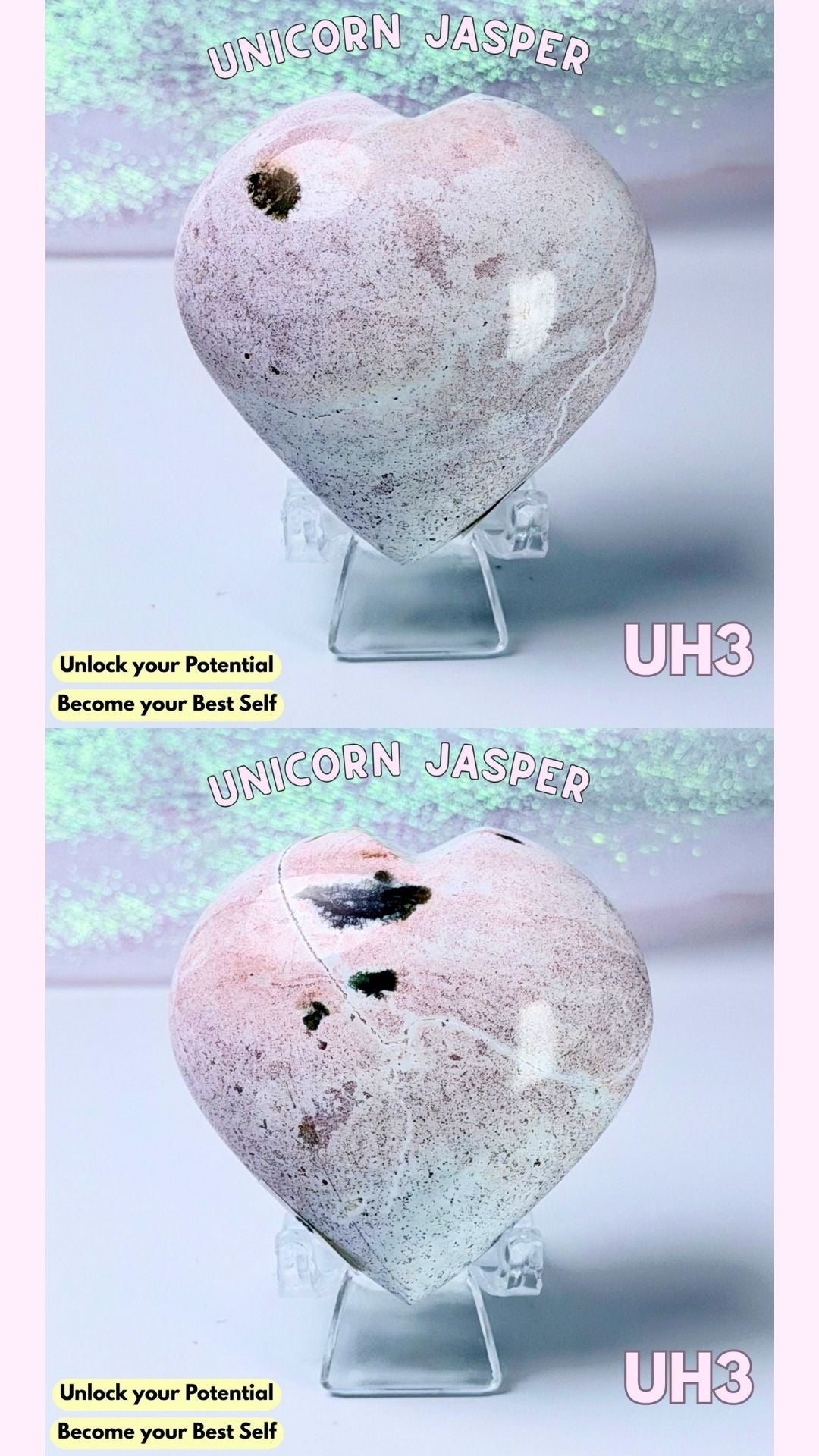 Two heart-shaped polished crystal formations labeled 'UNICORN JASPER' on clear display stands, shown against a pale pink and lavender background with decorative text overlays.