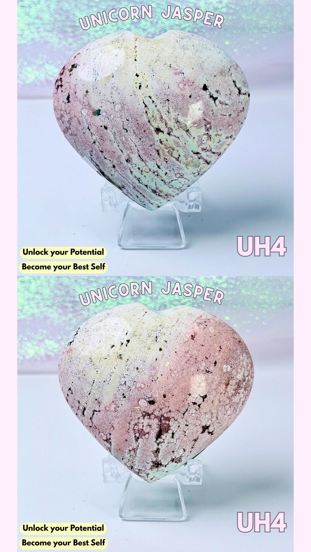 Two heart-shaped polished stone specimens labeled 'Unicorn Jasper' on clear display stands, shown against a pale pink and lavender background with text overlays including 'Unlock your Potential Become your Best Self' and 'UH4'.