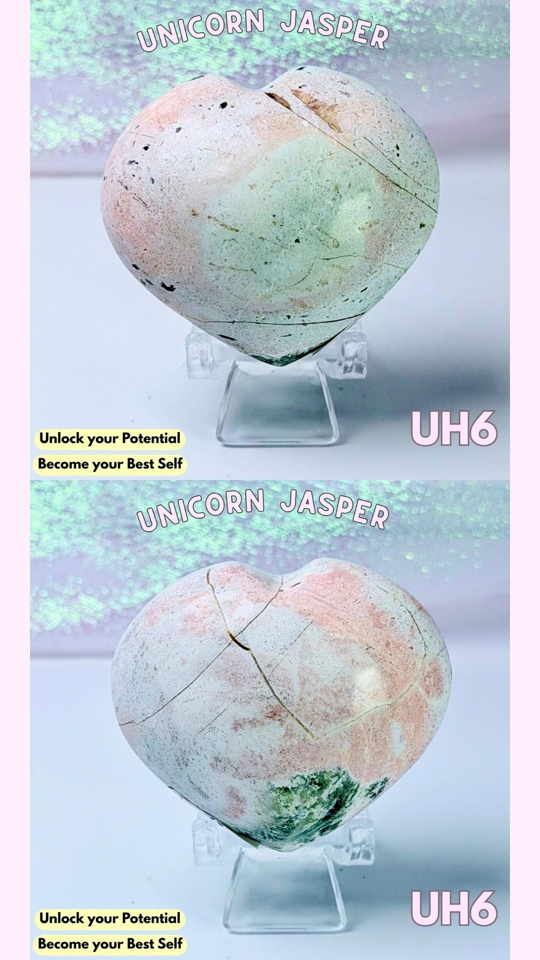 Two heart-shaped Unicorn Jasper crystal formations displayed on clear acrylic stands, with text overlays reading 'UNICORN JASPER', 'Unlock your Potential Become your Best Self', and 'UH6'.