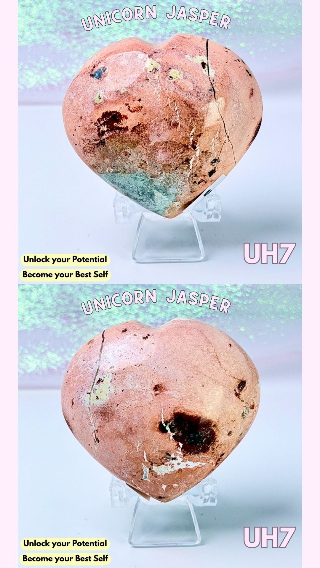 Two heart-shaped polished crystals labeled 'UNICORN JASPER' on clear display stands, shown against a pastel pink and green background with text reading 'Unlock your Potential Become your Best Self' and 'UH7'.