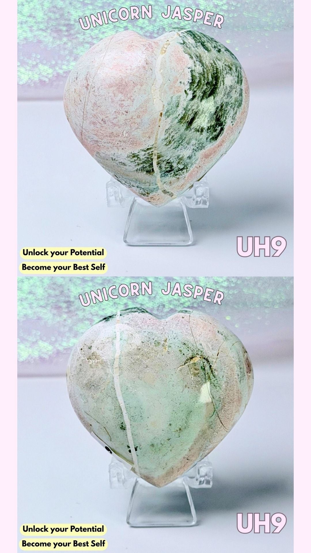Two heart-shaped unicorn jasper crystal stones displayed on clear acrylic stands against a pale pink background. The top stone is pale pink with green veining, and the bottom stone is pale green with pink veining.